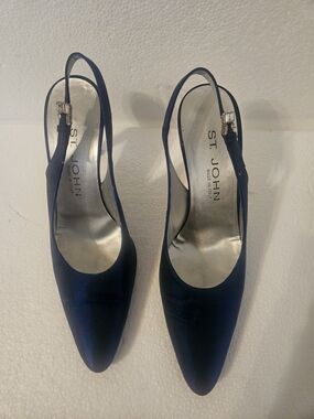 St. John Navy Pointed Satin Slingback Heels